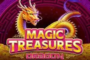 Magic Treasures Dragon Logo for the game 'Magic Treasures Dragon' with a golden dragon and bold pink-yellow title on a treasure backdrop